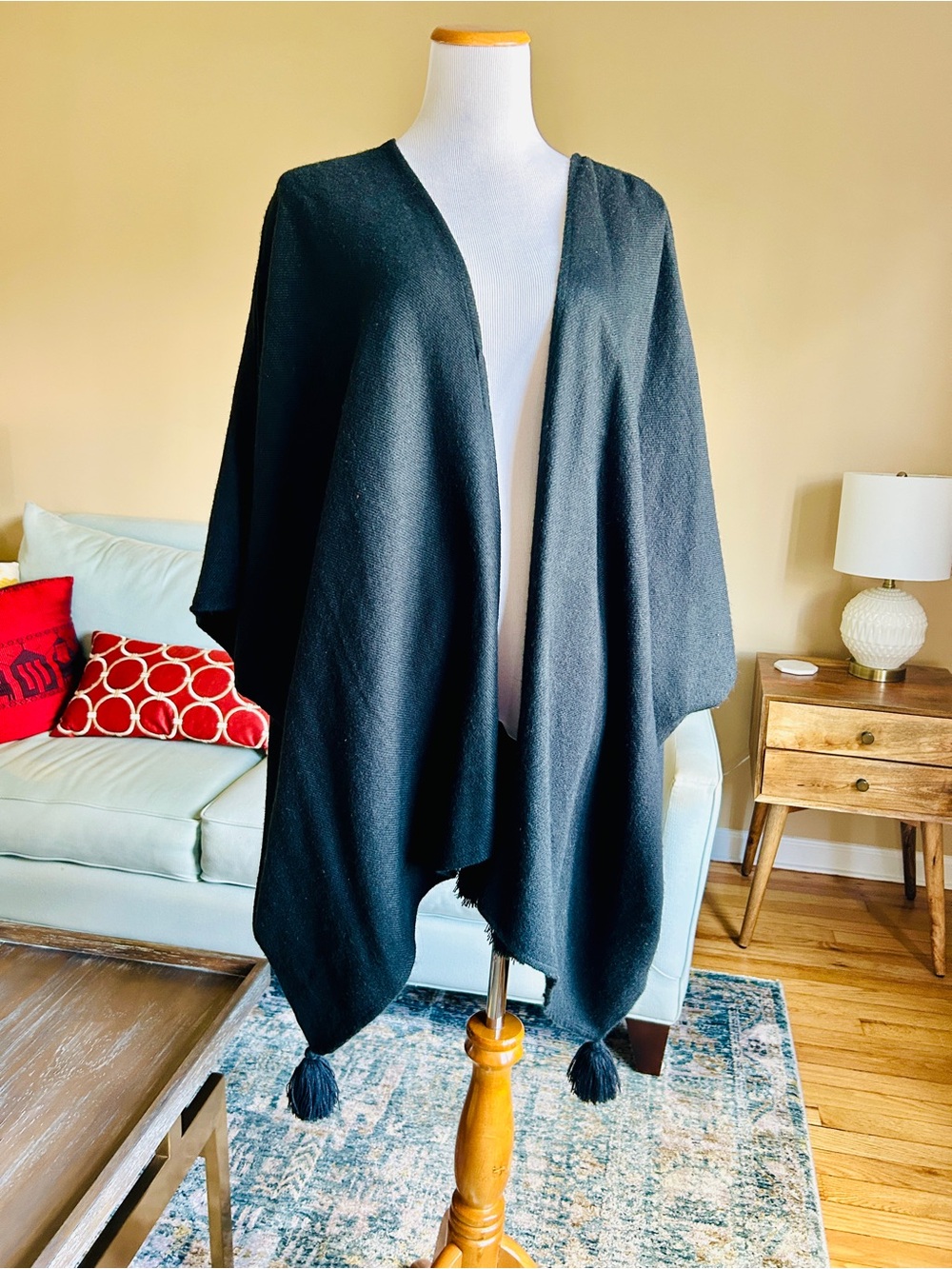 Cleobella Black Knit Tassel Capelet Poncho OS Box of Style NWT - Picture 2 of 7